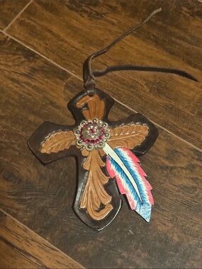 Embellished Leather Cross with Pink & Blue Feather Accent